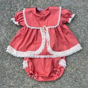 Vintage Miniworld Provo Utah Salmon Coral Ruffle Blouse Diaper Cover Set 12-18mo